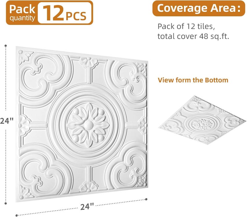 WOWSTAR 12-Pack 24"x24" Drop Ceiling Tiles, Waterproof Glue up Ceiling Panels, White - Image 5